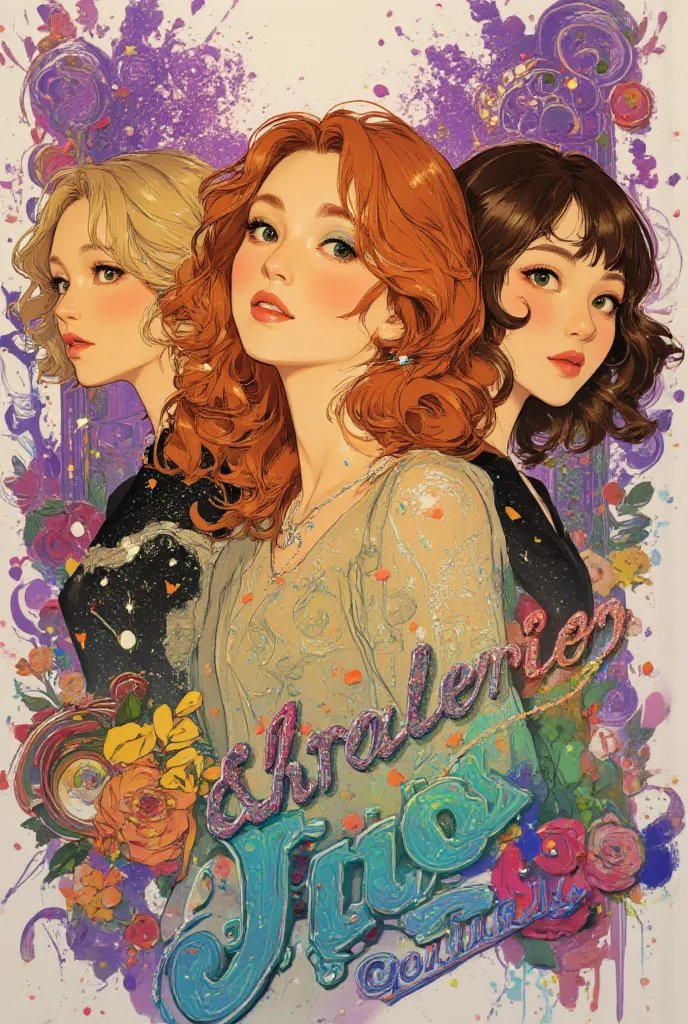  An artsy aesthetic Korean drawing of 3 female pop artists, the first , has wavy long strawberry blond hair, and fairy-like makeup, the second is on the left side she is a female pop artist with styled and dyed blond hair, makeup, smiling,she has a small r...