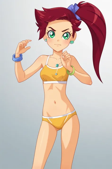 score_9, score_8, score_7, break, solo, auriana_lr, red hair, long hair, side ponytail, green eyes, earrings, bracelet, necklace, yellow underwear, bra, panty, fullbody