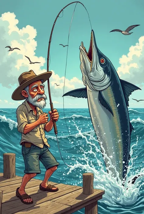 comic strip of an old man failing to fish out a large marlin fish