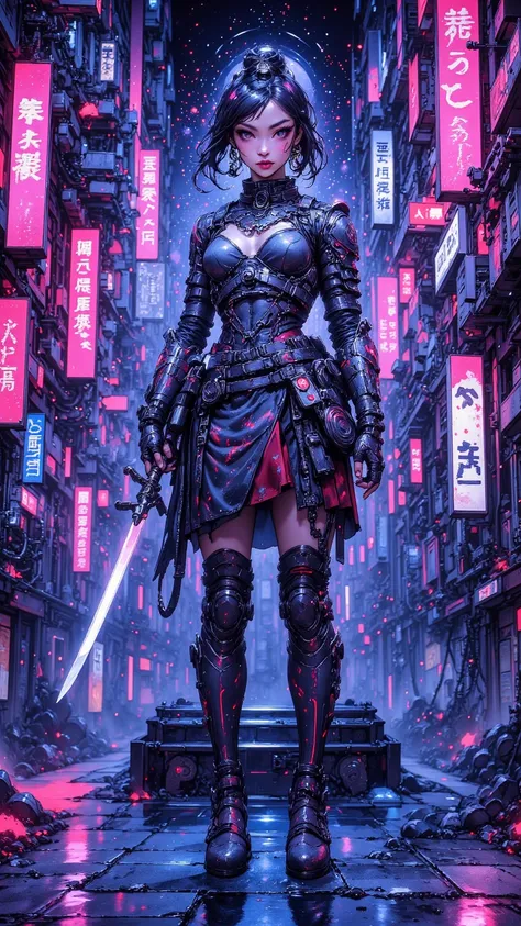 Explore the world of the future，a female samurai holding a glowing sword，standing in cyberpunk city，Neon and Holographic display intertwine。This scene captures the fusion of advanced technology and mystical aesthetics，creating a captivating and captivating...