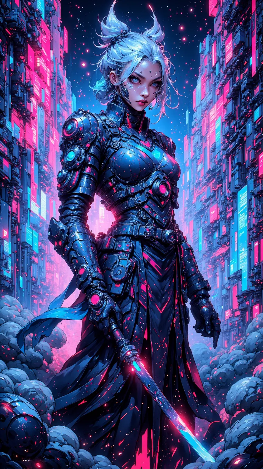 Explore the world of the future，a female samurai holding a glowing sword，standing in cyberpunk city，Neon and Holographic display intertwine。This scene captures the fusion of advanced technology and mystical aesthetics，creating a captivating and captivating...