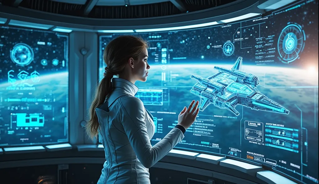 A futuristic, high-tech control room scene featuring a woman in a sleek white spacesuit, interacting with a holographic display showcasing a human warship. The holographic interface glows with vibrant blue light, showing detailed schematics of the warship ...