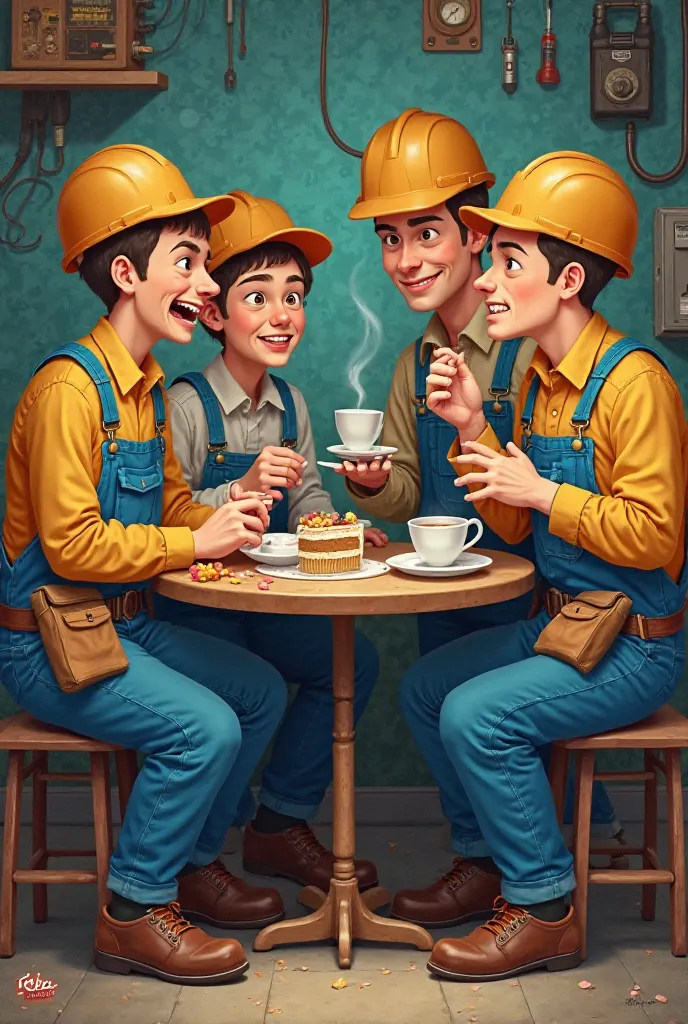 Four electricians eat cake and tea and feel nauseous