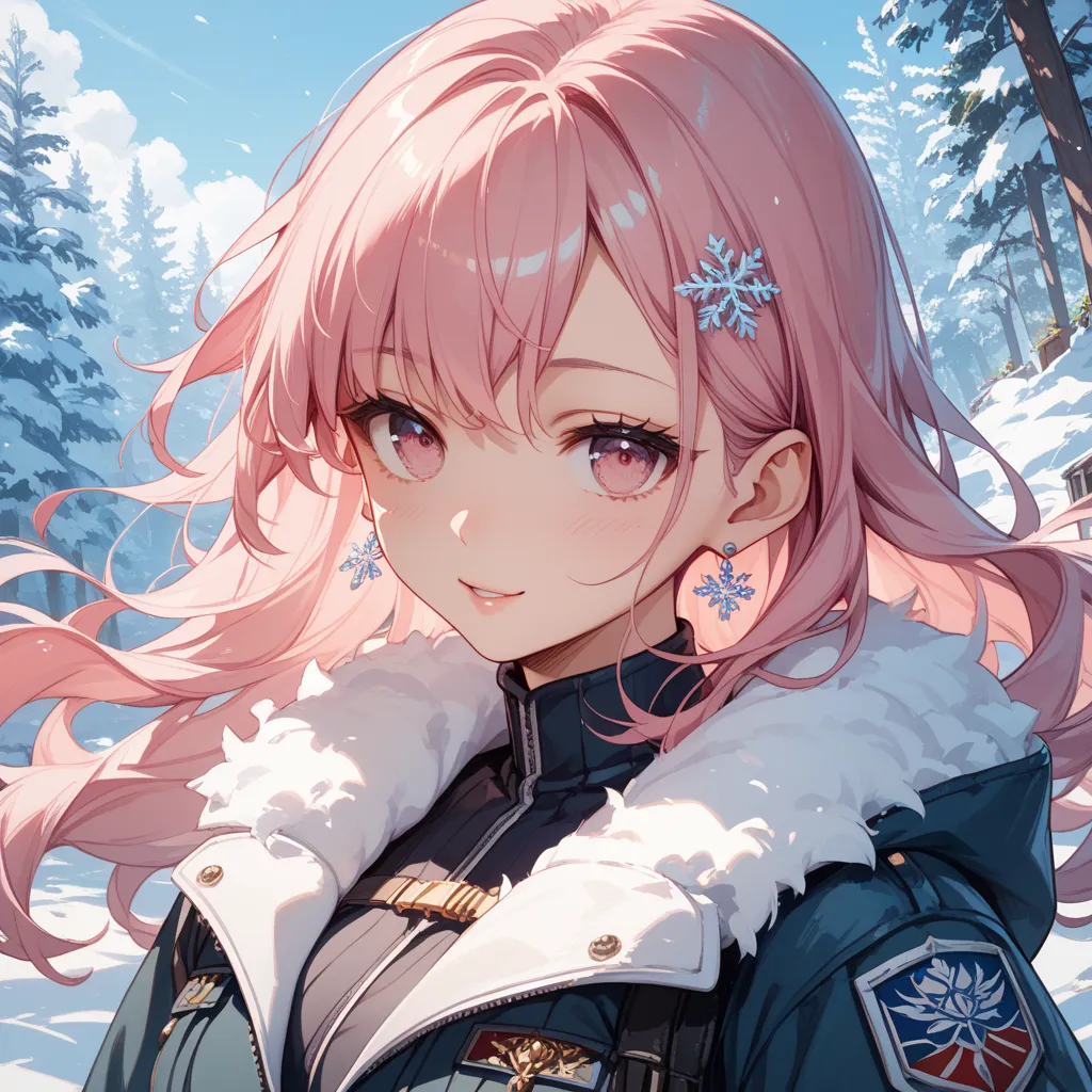  one adult woman with divided eyes、long pink hair、 pink eyes、 beautiful and cute、Military cold protection、cold weather background