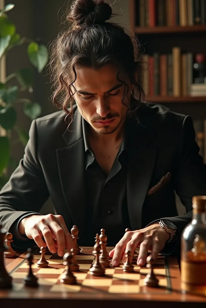 A handsome mafia prince with hot curly dark hair in a man bun he's 20 years old, tattooed knuckles , he's playing chess with his father , office study, whiskey, bookshelf,plants, magic sunlight glow,gun and sword display ,