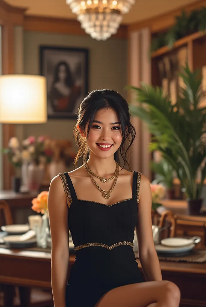 Girl wearing a black dress , smiling at the viewer, hd