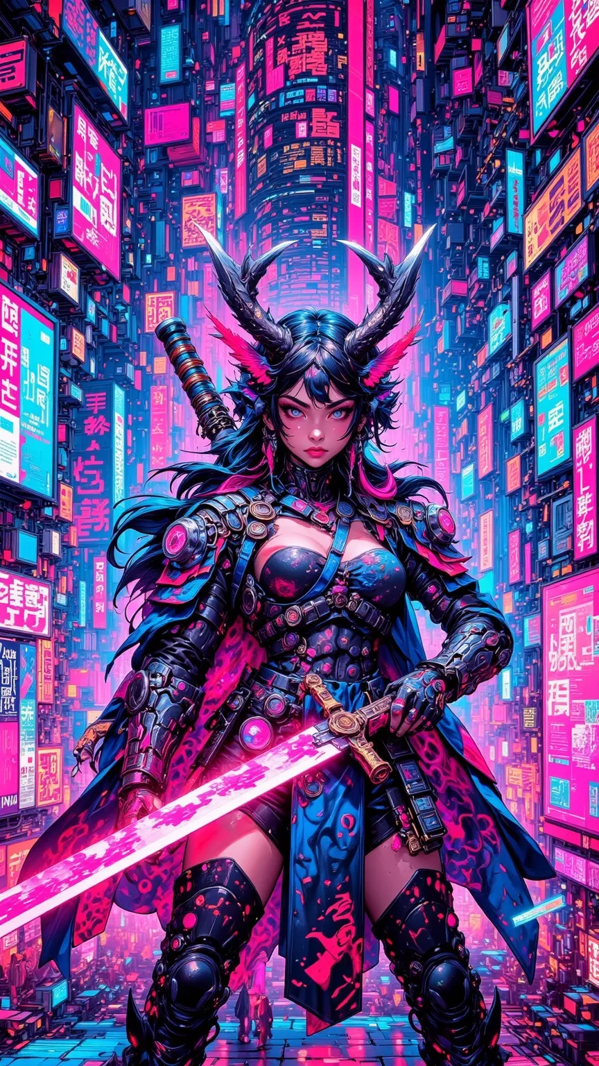 Explore the world of the future，a female samurai holding a glowing sword，standing in cyberpunk city，Neon and Holographic display intertwine。This scene captures the fusion of advanced technology and mystical aesthetics，creating a captivating and captivating...