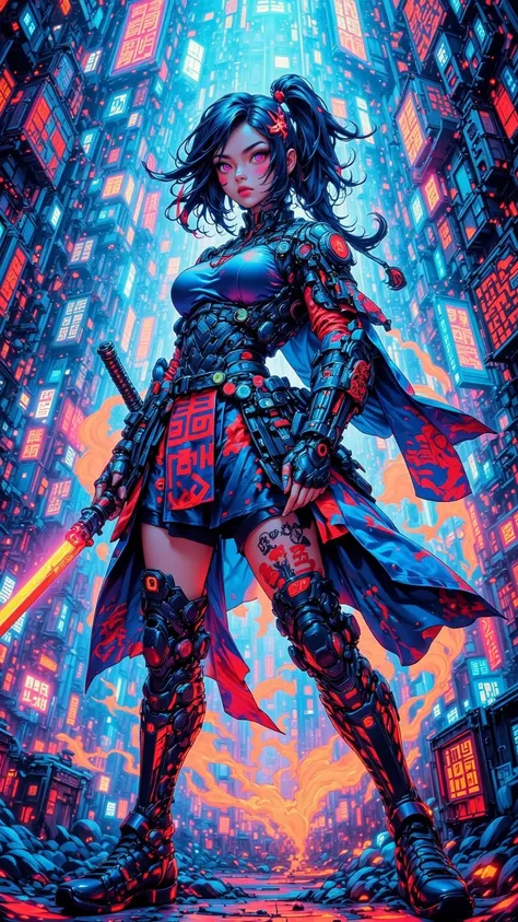 Explore the world of the future，a female samurai holding a glowing sword，standing in cyberpunk city，Neon and Holographic display intertwine。This scene captures the fusion of advanced technology and mystical aesthetics，creating a captivating and captivating...