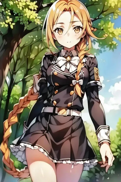 (masterpiece, best quality:1.2), (1girl, solo, alone:1.2), lolita, messy hair, hair between eyes, long hair, both long sidelocks, forehead, low ponytail braid, (((the one braid:1.4))), light orange eyes, light orange hair, military uniform, white neck bow,...