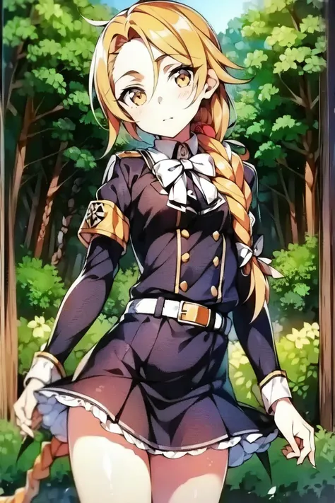 (masterpiece, best quality:1.2), (1girl, solo, alone:1.2), lolita, messy hair, hair between eyes, long hair, both long sidelocks, forehead, low ponytail braid, (((the one braid:1.4))), light orange eyes, light orange hair, military uniform, white neck bow,...