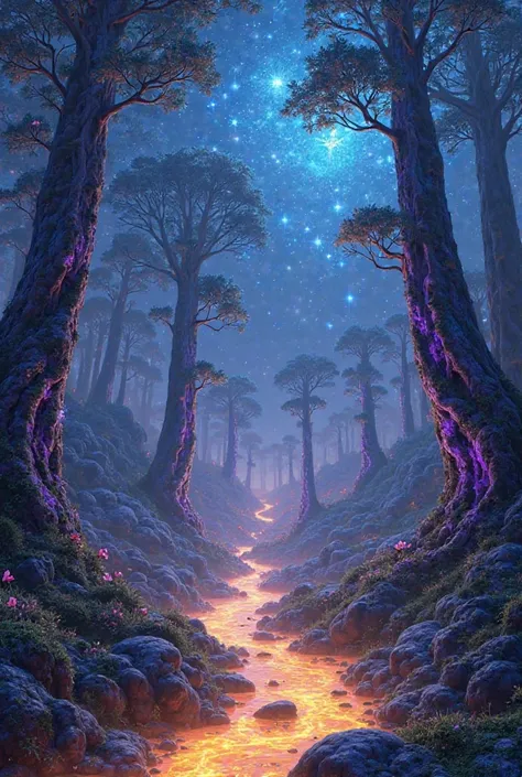 "A bioluminescent forest on an alien planet, with giant trees that glow in shades of blue and purple, and a river of golden light that reflects an infinite starry sky."