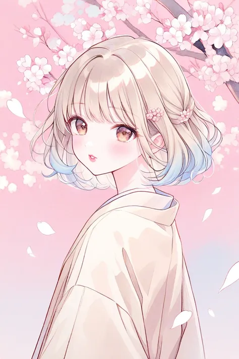 watercolor、white film、pastel color、illustrations、1 girl、cute、pink background、beige hair、blue gradient hair、flower clip、 brown eyes 、droopy eyes、 Beige Kimono 、pink cheeks、 small lips by Telebi、pink lips、 from afar、 back view、cherry blossoms