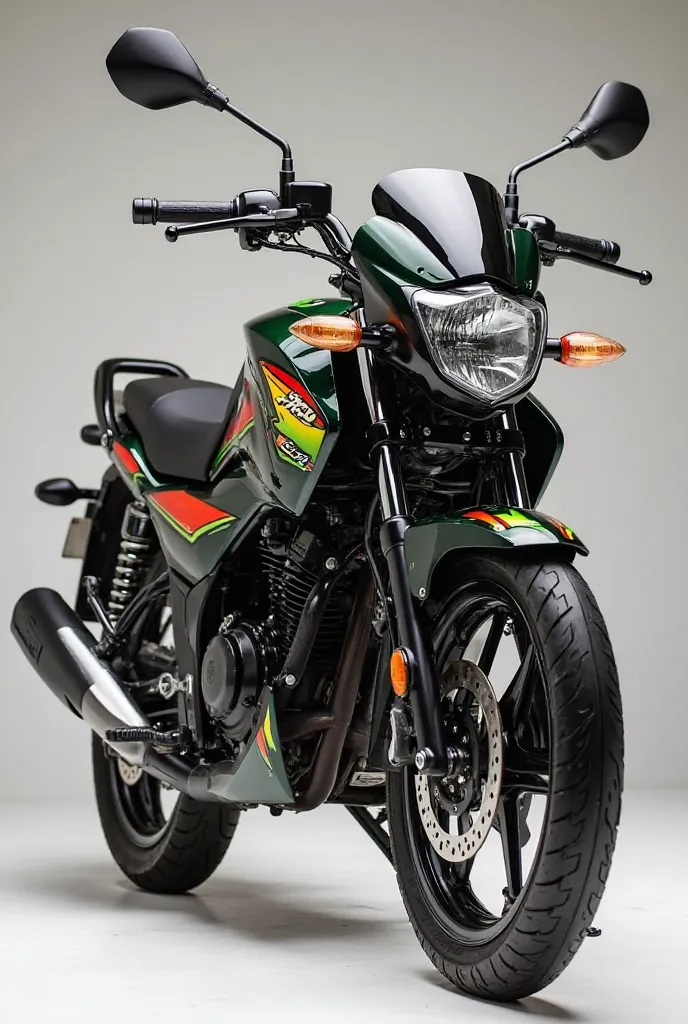 Side view photo of suzuki raider j 115 fi motorcycle with glossy black  front fairings, flash green rear fairings with a decal design consist of primary red, with little touch of yellow  while in the rear fender is red, yellow, and violet