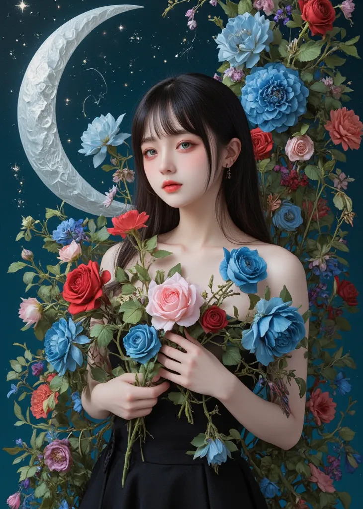 1 Girl, Art Nouveau, black skirt, dark hair, black Rose, blue eyes, blue Rose, flower束, 茶flower, fork, skirt, flower, holding flower, Lips, Lipstick, Long hair, look at the audience , cosmetic, moon, pink flower, pink Rose, plant, purple flower, purple Ros...