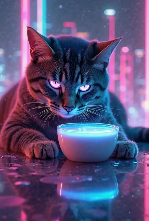 A futuristic cyber-cat with sleek metallic fur and glowing neon eyes laps up a bowl of holographic milk in a high-tech, neon-lit city. The milk shimmers with a mesmerizing, otherworldly glow, reflecting the vibrant colors of the digital skyline. The cat's ...