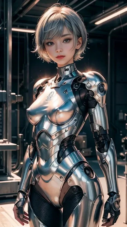 nsfw((( masterpiece))), ((( top quality))), (( ultra high resolution)), (  very detailed pictures  ), (( very delicate and beautiful)),( cute delicate face ), ((High Performance Cyborg Girl  )),(silver and blue robot armor) , (Inside the Cyborg Girl Manufa...