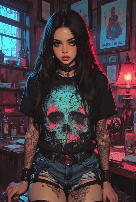 Alone, 1 girl,dark haired girl female fantasy art ,t-shirt, new album jacket ,  Great Job  !! ,High Resolution ,  there is a black haired girl hanging out in a Stoner den living room , Long hair with random colors  , perforated cropped graphic tee（ denim c...