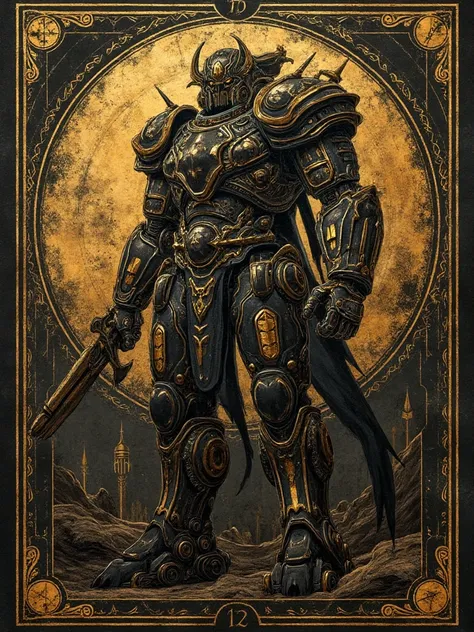 Titan giant，Runes engraved on a quaint mecha，on dark brown canvas bottom background， with black and gold tarot pattern framing ，ral-dissolve，wild，Rough，wild的星球场景， details， high quality， Ultra HD， xane value rendering，realistic的肖像，Light art，movie lighting，L...