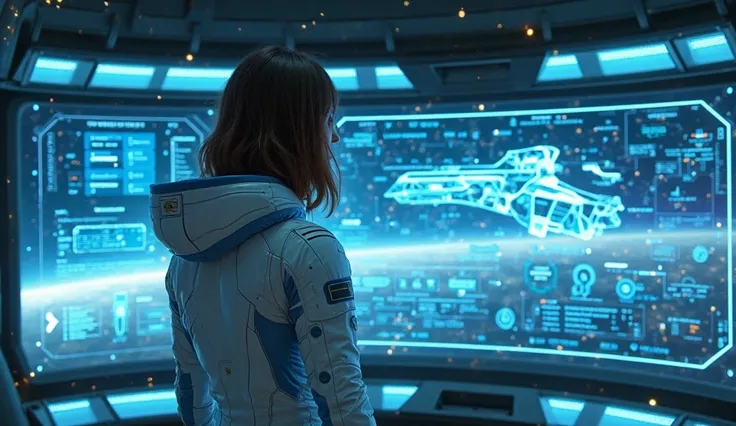 A futuristic, high-tech control room scene featuring a woman in a sleek white spacesuit, interacting with a holographic display show 8k full hd result big bobs with scify dressing casing a human warship. The holographic interface glows with vibrant blue li...