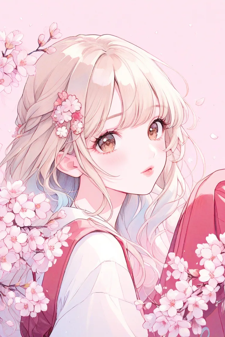 watercolor、white film、pastel color、illustrations、1 girl、cute、pink background、beige hair、blue gradient hair、flower clip、 brown eyes 、droopy eyes、Eyelashes、Red Hakama、pink cheeks、 small lips by Telebi、pink lips、 from afar、 back view、cherry blossoms