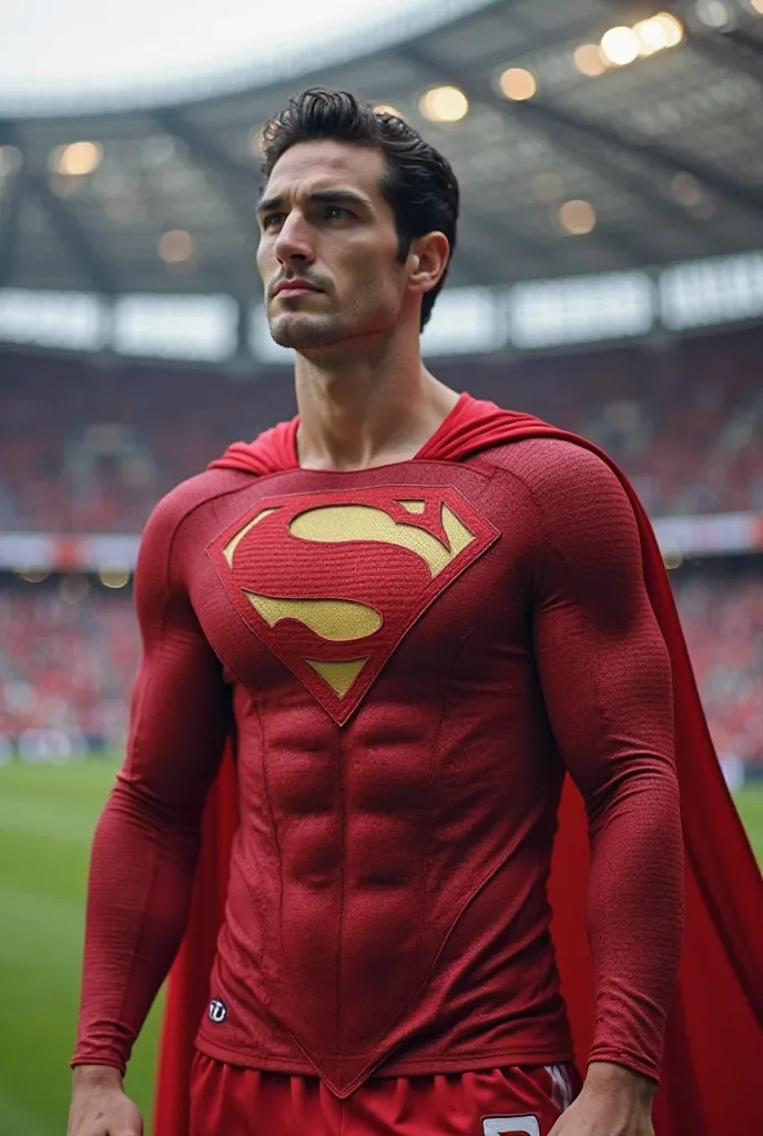 superman, Wearing the red jersey of Bayern Munich, has white details. In the background is the FC Bayern logo on its chest. Tribünlere doğru uçarken sağ yumruğu önde klasik superman pozu veriyor. Allianz Arena.