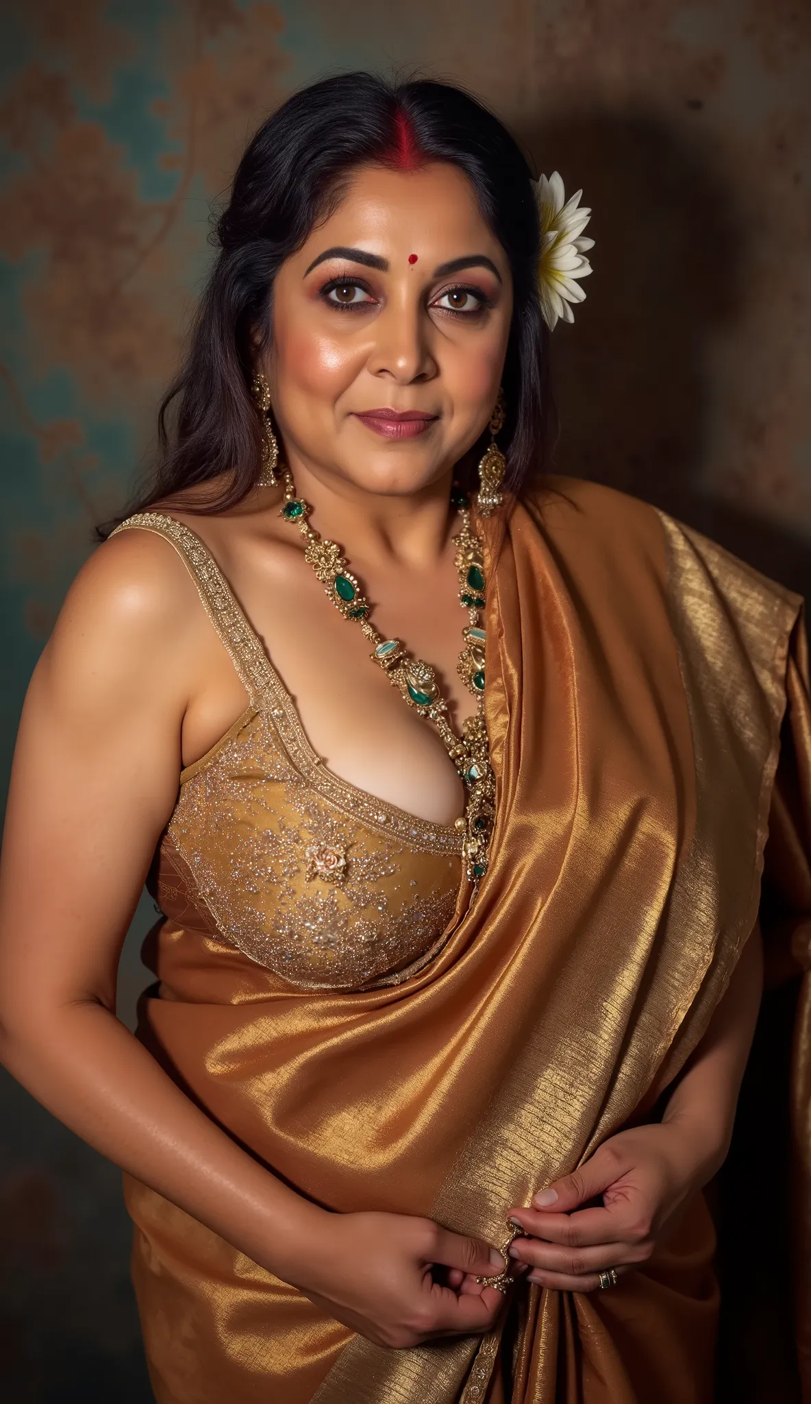 A full-body portrait of a matured busty Indian woman 45 years old, adorned in a saree wearing a low cut bra without blouse, showcasing her cleavage. Bending down to unzip the pant of a 20 years old guy with a mischieveous smile.
Jewelry, Flower On Head, Sm...