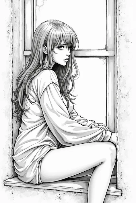  A seductive and sexy manga woman sitting on a windowsill, wearing an oversized shirt, looking outside with dreamy eyes, her long hair cascading down, delicate and detailed ink shading, sensual and artistic, perfect for adult coloring pages."