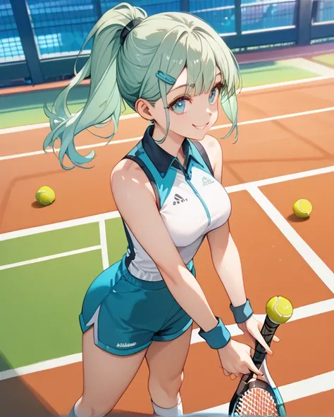 best quality,1 young woman,18 years old,athlete body,tall stature,(light green hair:1.2),shoulder length,High Ponytail,big eyes,smile,medium breasts,THUNDER EFFECT,short socks,Hair clips,thunde  weather,tennis court,from front,
