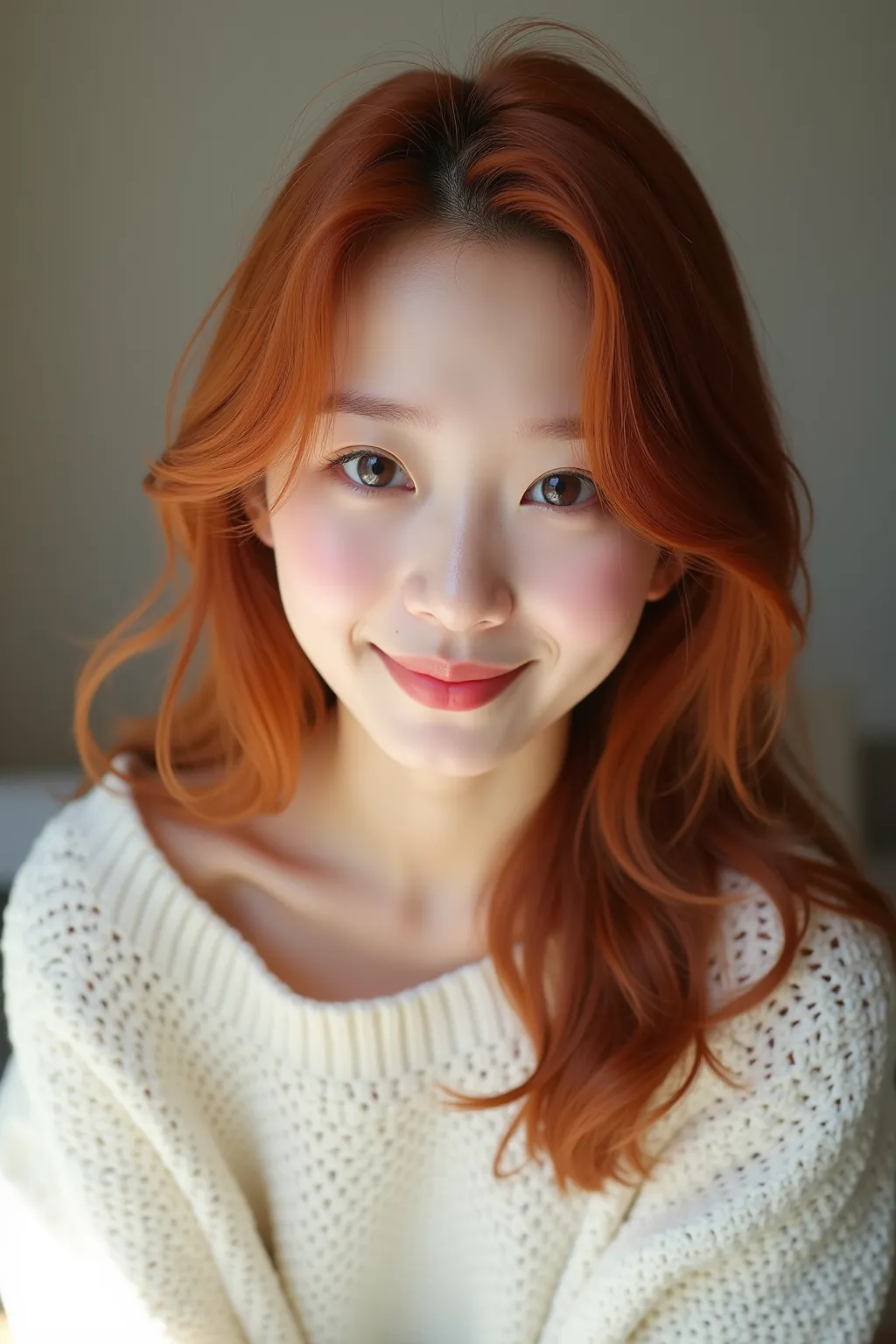 Professional Photo Shoot of Beautiful Women、Natural light shines beautifully on the subject、Cute 18-year-old Japanese with red hair、Small face、Well-balanced Contour、The skin is white and transparent,、There are few blemishes and dullness、, big eyes, and dou...