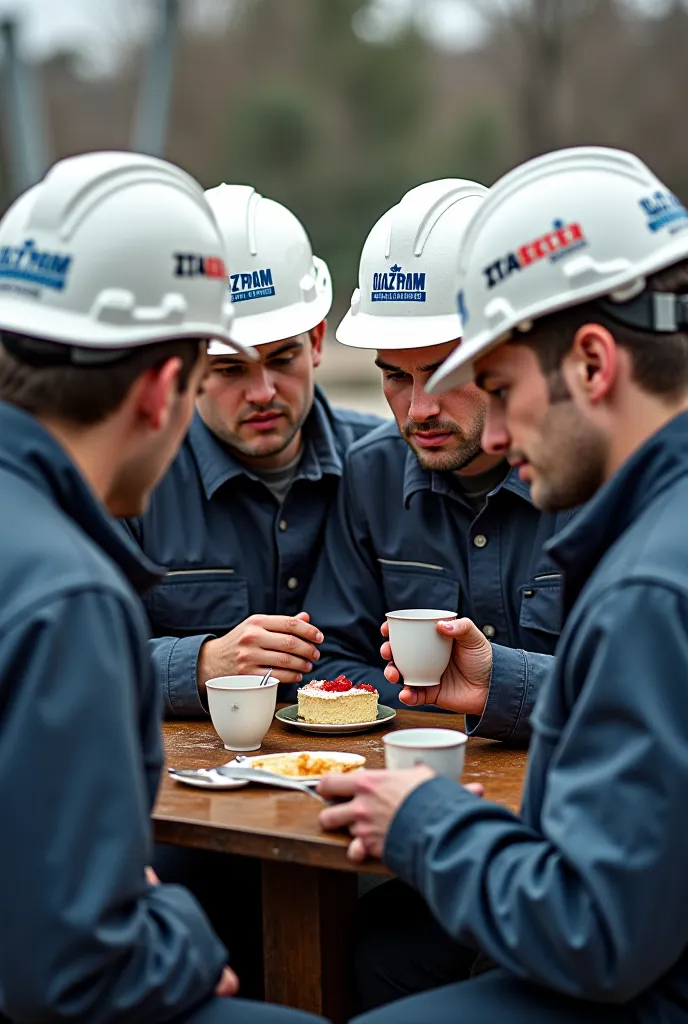 Four electricians wearing white helmets with the name Gazprom eat cake and tea and feel bad