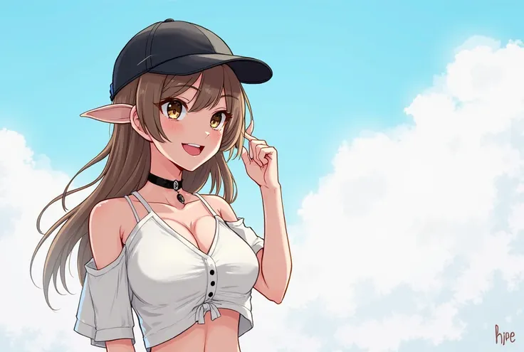 great works,best quality,amazing quality,absurdres, BREAK 1 girl, Baseball cap, black have, blue sky, breasts,  brown eyes,  Brown Hair , Choker, cleavage, cropped shirt,comments, have, large breasts,  long hair,  looking at the audience, navel, navel dril...