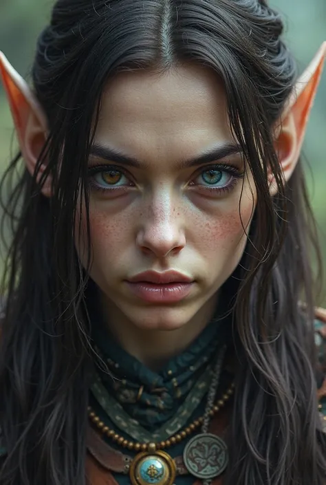 - **Facial features**: A face with marked features, perhaps with a mysterious expression. A warm brown eye and a deep blue eye, giving it a unique and striking appearance.
- **hair**: It is a dark elf, with long dark brown hair.
- **fur**: pale tone.
- **a...