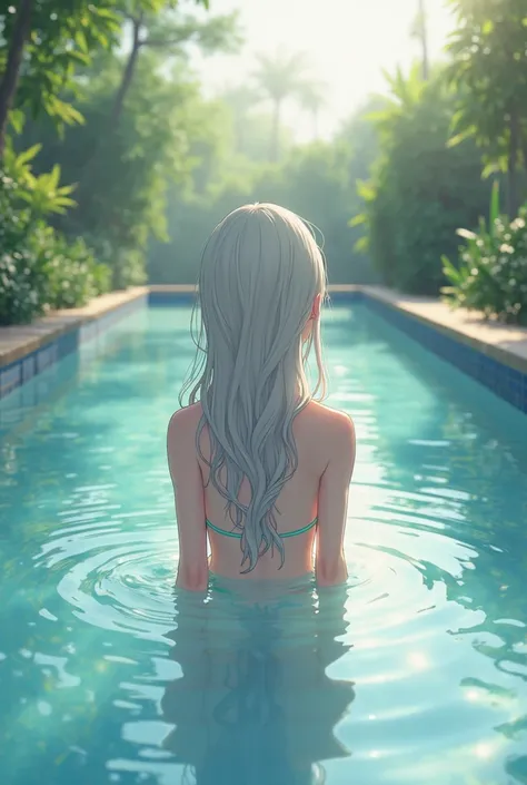 Anime girl back view sitting in the pool back view