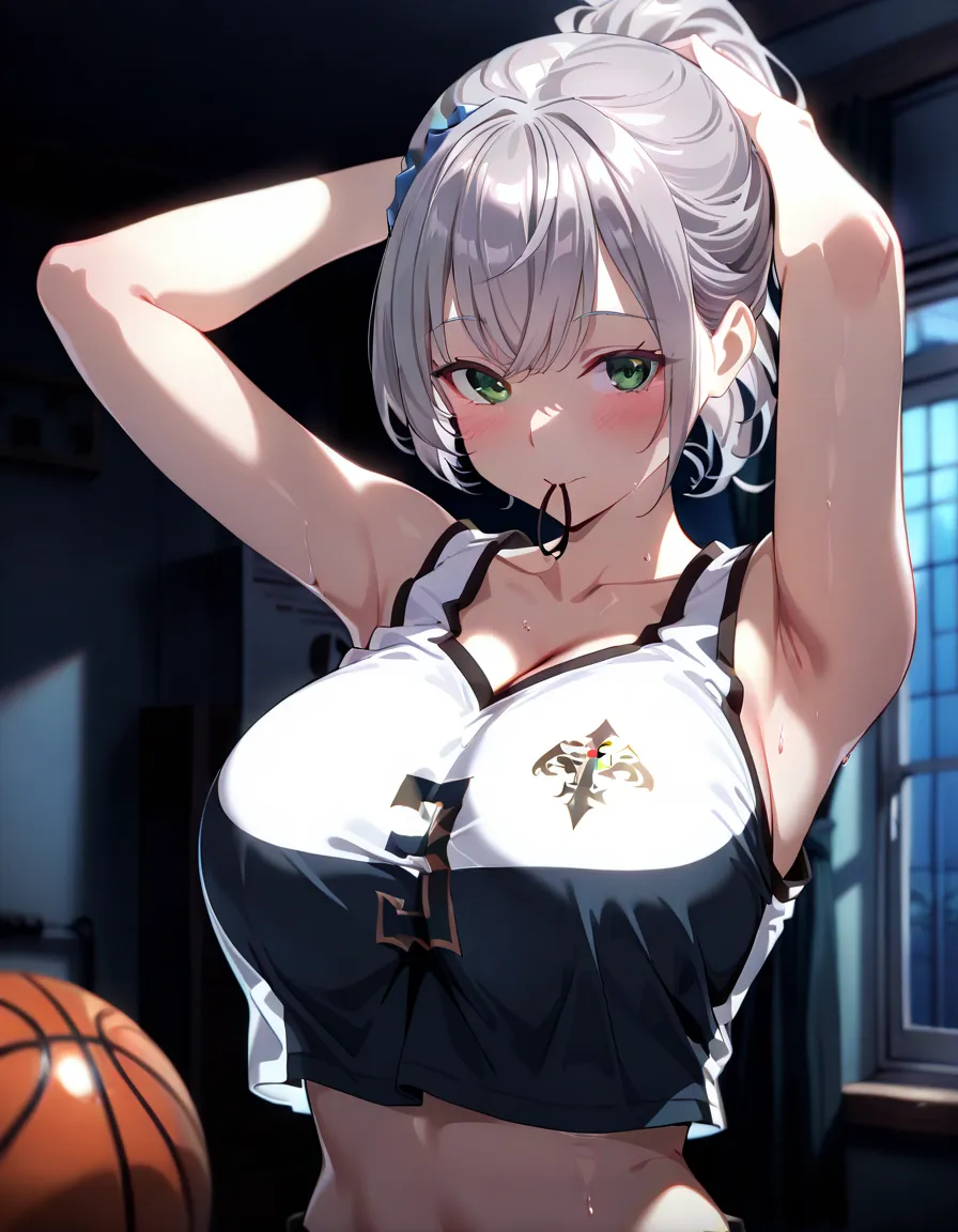 dark room, High Res Images ,  masterpiece, Highest quality, great quality, absurdres,ultra detailed,HDR,8k,1 girl, Shirogane Noel,          black basketball uniform, crop top, tying hair