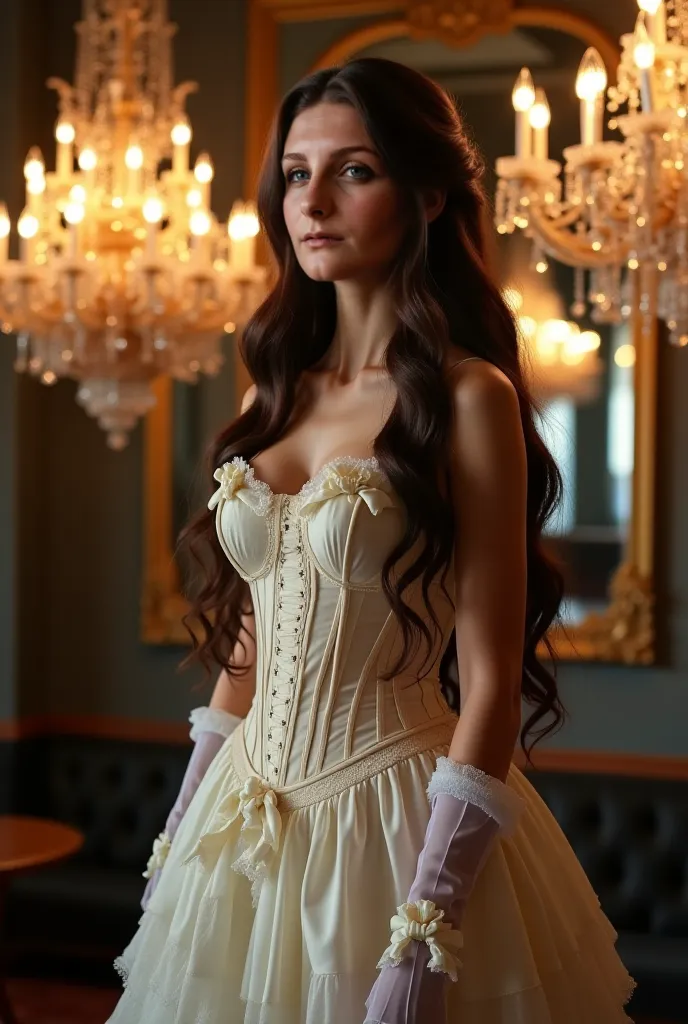 A stunning girl with long flowing hair stands elegantly in a luxurious, dimly lit room. The girl is of medium build, slightly plump, and chubby. She is dressed in a vintage ivory dress with a corset, decorated with delicate lace and satin ribbons. The cors...