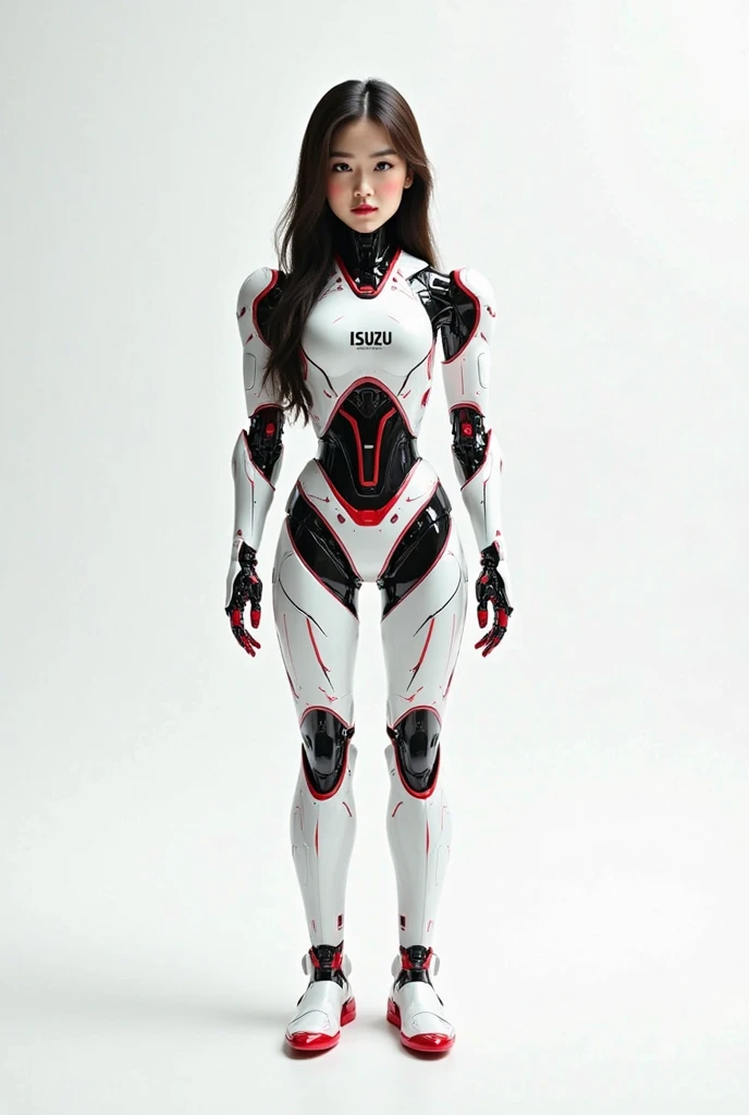 Asian female robot with a beautiful face, a combination of white, red and black, It says (ISUZU) on the chest, White background, Very realistic, finest details, very natural, cinematic, Have a friendly face, Front look, The robot will be the mascot of a co...