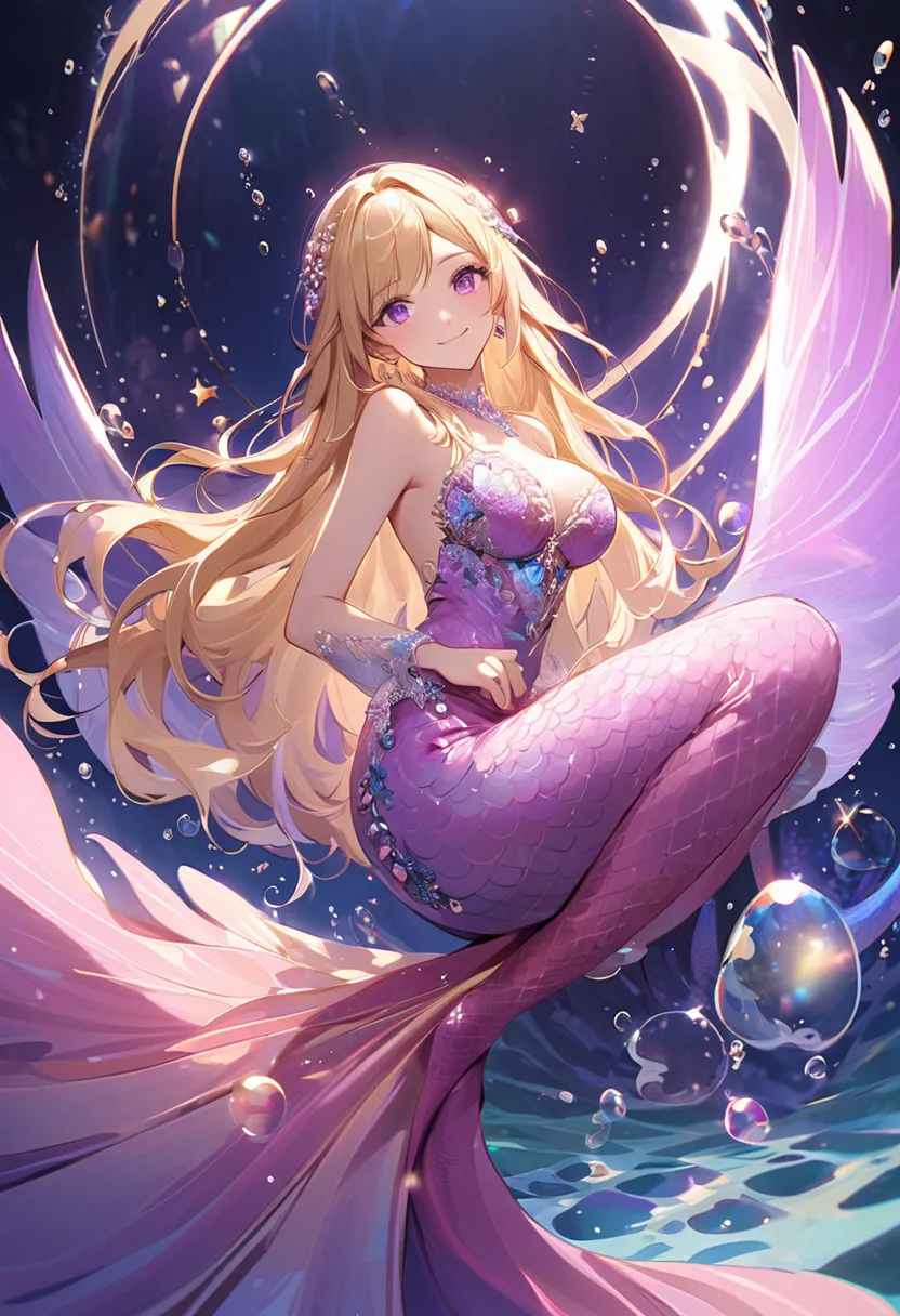 Blonde woman with purple eyes, A small smile, A dress adorned with magnificent pearls with a beautiful pattern, Sparkling dress, long hair, tall, big bust, bottom is Mermaid, full body, long tail, purple tail