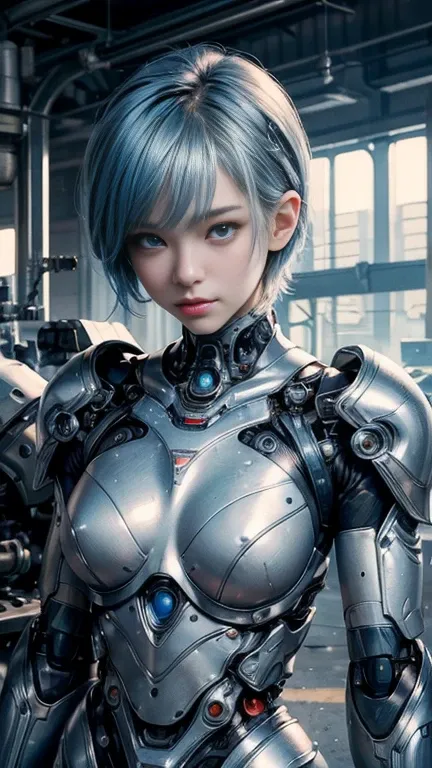 nsfw((( masterpiece))), ((( top quality))), (( ultra high resolution)), (  very detailed pictures  ), (( very delicate and beautiful)),( cute delicate face ), ((High Performance Cyborg Girl  )),(silver and blue robot armor) , (Inside the Cyborg Girl Manufa...