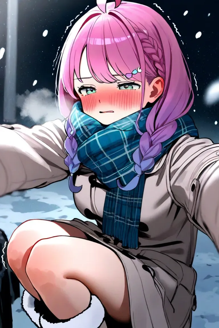 girl shivering in the cold in the snow、 Himemori Luna、Hololive、 purple hair、 doya face、squinting、Snow in your hair、Trembling Knees、A cold look、Change her hairstyle to braids、adult woman、white and blue plaid scarf、light dark grey coat、it's snowing、 tremblin...