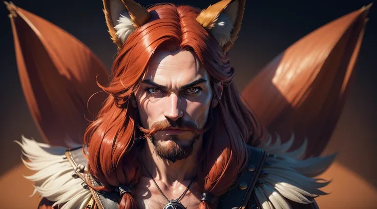 (symmetry),  centered, a ((close)) Portrait from above, (Foxy from Fnaf in human form), a very thin white man with long red hair and a red mustache, fox ears should not be visible(they should also be red if they are visible), in pirate clothes/looks like J...