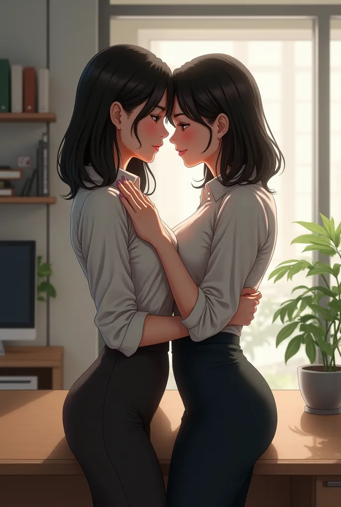 2 asian woman making out on a desc in an office