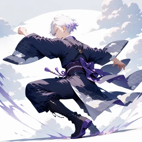 masterpiece, high score, great score, absurdres,
1boy, sranding,male focus, 20-yo, クモイエイテル, full body, toned,twink,white hair, side-parted, lilac highlights,BREAK avant-garde japanese clothes,kimono sleeve,purple collar accent, cloud pattern, black skinny ...