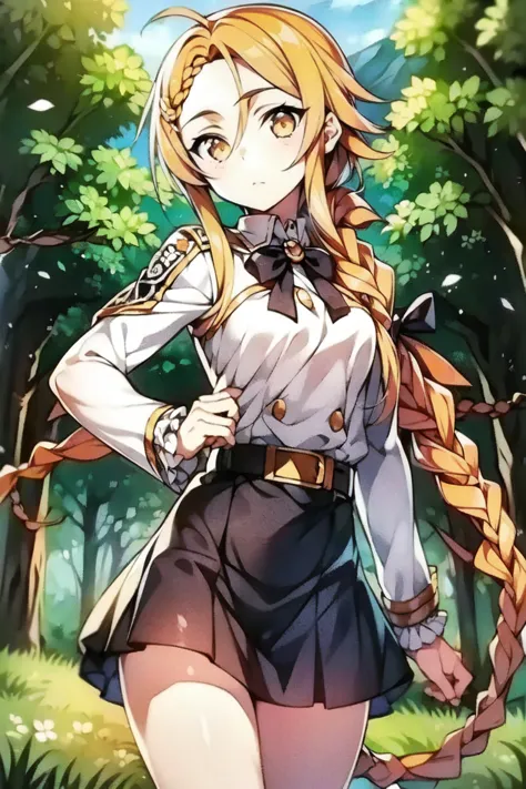 (masterpiece, best quality:1.2), (1girl, solo, alone:1.2), lolita, messy hair, hair between eyes, long hair, (((both long sidelocks hair))), forehead, low ponytail braid, (((the one braid:1.4))), light orange eyes, light orange hair, military uniform, whit...