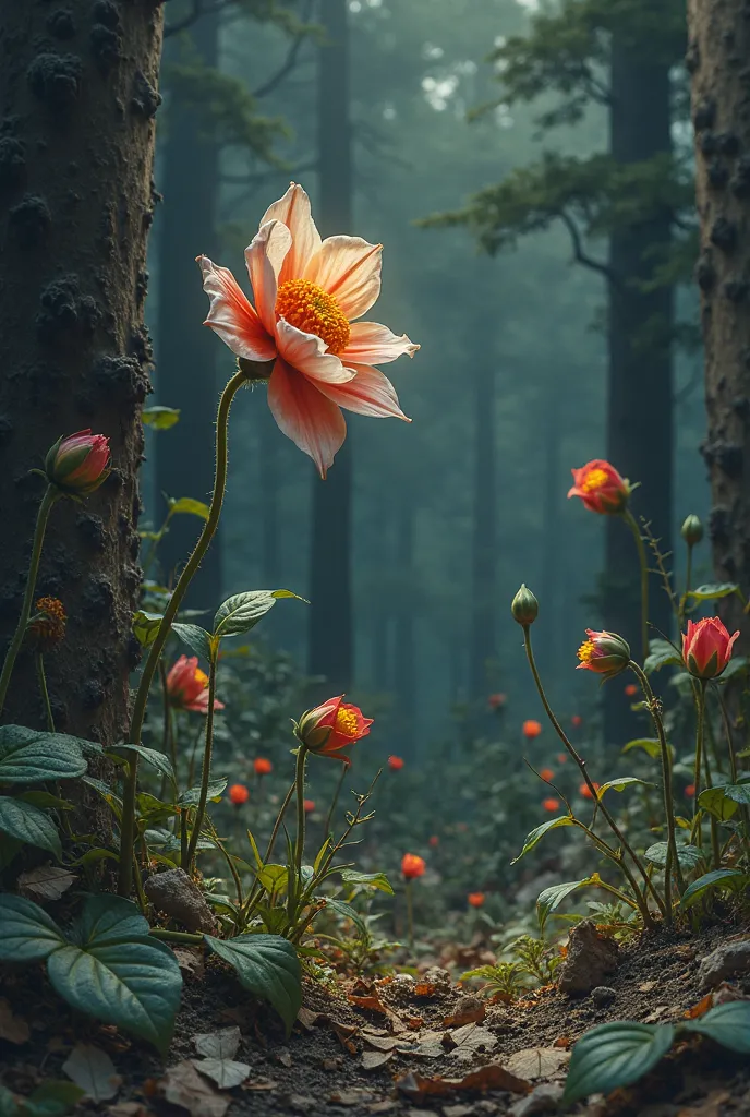  Flower bent and gray wilder leaves on the ground Different colored flower shoots and forest beautiful view tree bark and black clouds 