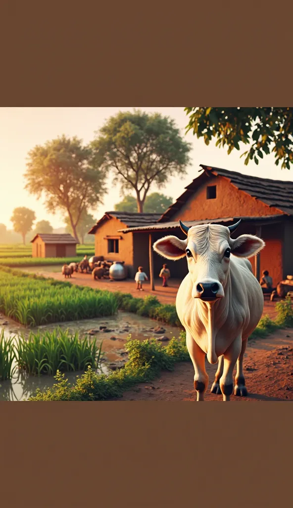 peaceful village with simple mud houses, green fields, and trees. The atmosphere is warm and joyful.