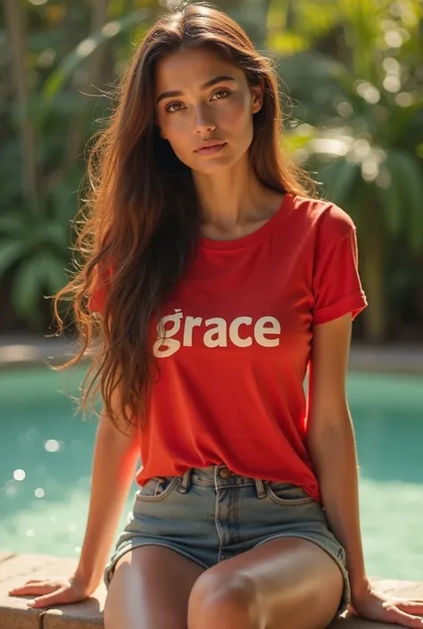 Beautiful woman thailand hair long brown , red t-shirt with the inscription Grace, shorts, sitting facing front ultra hd, realist, 8k