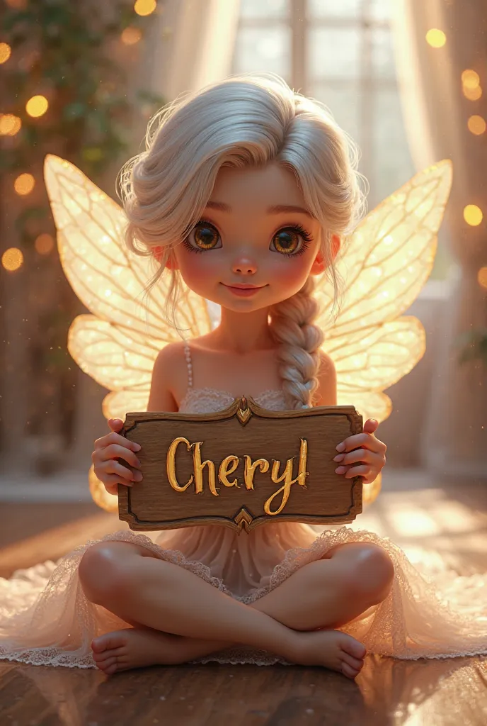 A beautiful fairy girl with glowing, translucent wings sits gracefully on a wooden floor, holding a wooden sign that says 'Cheryl' in elegant, carved letters. She has large, expressive eyes, soft pink lips, smiling face and fair flawless skin. Her silver-w...