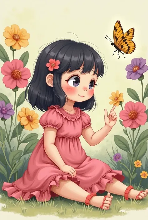 Scene 1 - Sitting in the Garden
: Drawn with round and adorable features, sitting on the floor with her legs crossed as if she were a doll. Her pink dress has huge and super cute ruffles. She tilts her head slightly to the side, with big and curious eyes w...