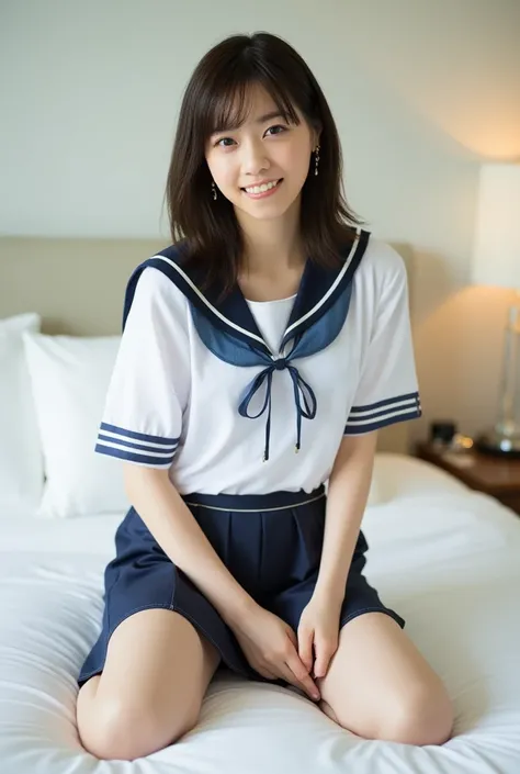 (Masterpiece, Best quality:1.4), (Ultra realistic, Photo-realistic:1.3), (nsfw:1.2), (Wearing Sailor suit, White short sleeve:1.2), (Dark navy skirt:1.2), (Wearing white sock), (small breasts), Natural light, 20 years old actor, Japanese woman, Neat and cl...