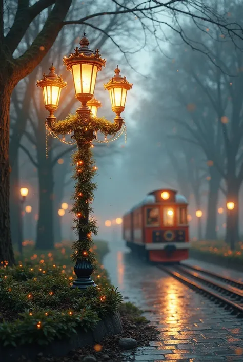 Park lamp decoration with train